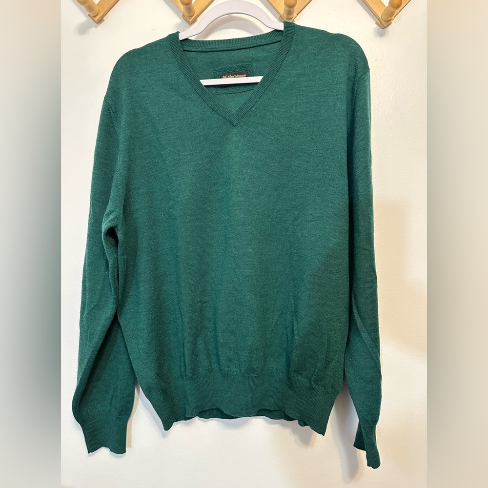 Allen Edmonds 100% Merino Wool V-neck Green Sweater‎ Preppy Designer Large